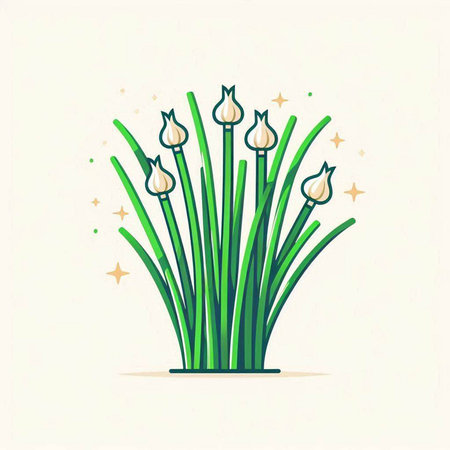 Vector illustration of green onion stems with burning candles in flat style.のイラスト素材