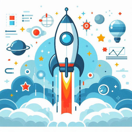 Rocket launch. Start up business concept. Vector illustration in flat styleのイラスト素材