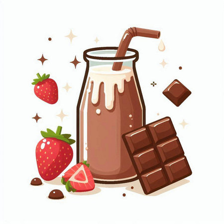 Chocolate milkshake with strawberries and chocolate bars. Vector illustration.のイラスト素材