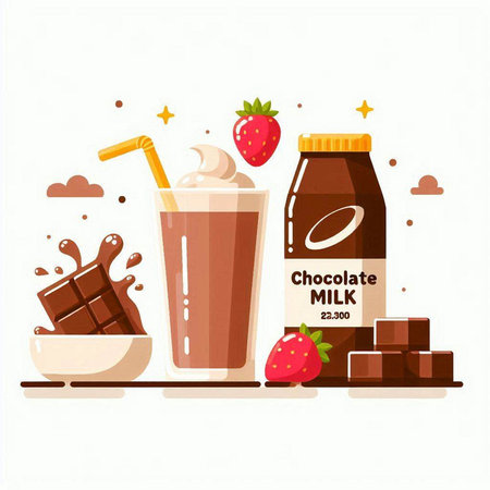 Chocolate milkshake, ice cream, chocolate bar and strawberry. Vector illustrationのイラスト素材