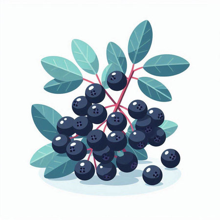 Bunch of ripe black chokeberry with leaves. Vector illustration.のイラスト素材
