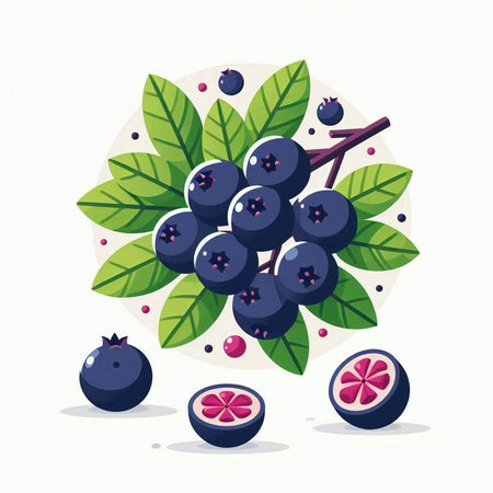Blueberries with leaves and fruits. Vector illustration in flat style.のイラスト素材
