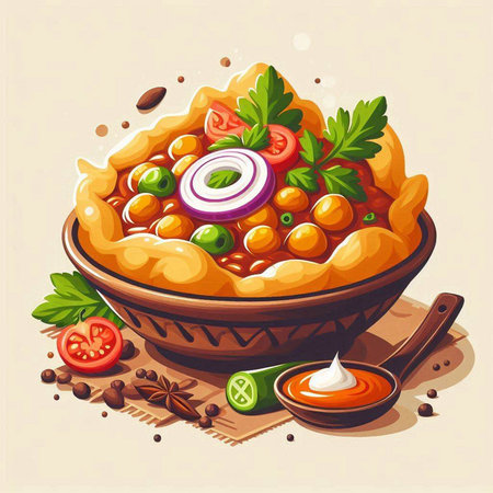 Vegetable curry in bowl. Vector illustration of a bowl of vegetable curry.のイラスト素材