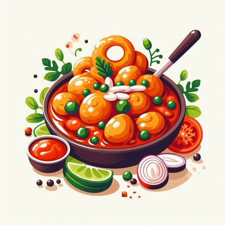 Indian cuisine vector illustration. Traditional indian dish masala with spices and vegetables.のイラスト素材