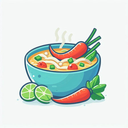 Vector illustration of a bowl of soup with chili pepper and lime.のイラスト素材