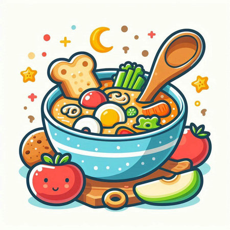 Vector illustration of a bowl of porridge with vegetables and fruits.のイラスト素材