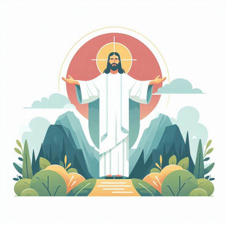 Jesus Christ on the cross in the forest. Vector illustration in flat styleのイラスト素材