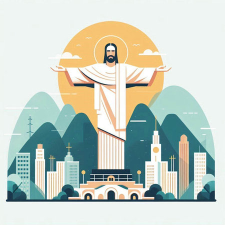 Jesus Christ on the cross in the city. Vector illustration in flat styleのイラスト素材