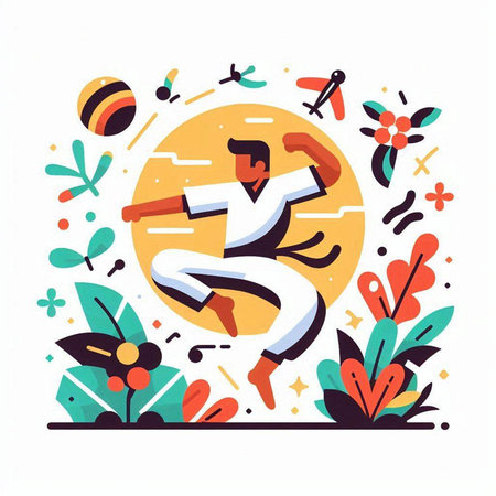 Vector illustration of a man practicing karate in a circle of flowers.のイラスト素材