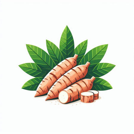 Sweet potato with leaves. Isolated on white background. Vector illustration.のイラスト素材