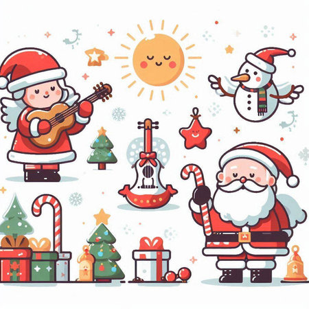 Christmas and New Year vector illustration. Santa Claus, Christmas tree, snowman, snowman, gift box.のイラスト素材