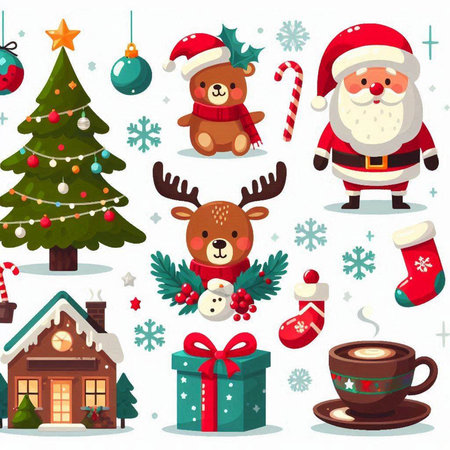 Christmas and New Year cartoon vector illustration. Santa Claus, reindeer, snowman, christmas tree, gingerbread house, santa claus.のイラスト素材