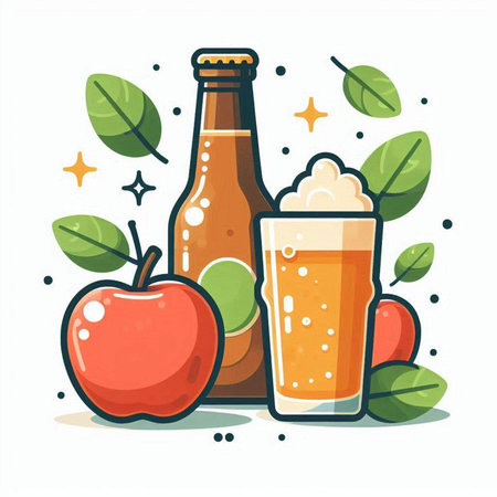 Vector illustration of a bottle of beer, apple and glass of beer.のイラスト素材