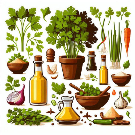 Coriander, parsley, onion, garlic, olive oil and spices.のイラスト素材