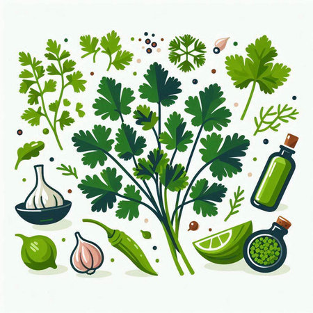 Coriander, parsley, garlic, olive oil, pepper and lime. Vector illustration.のイラスト素材