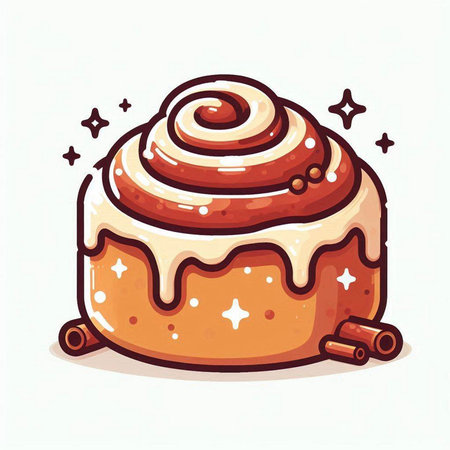 Cinnamon roll with cream and cinnamon stick. Hand drawn vector illustration.のイラスト素材