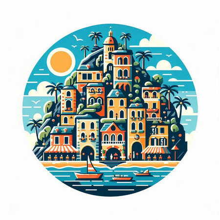 Vector illustration of the island of Bali, Indonesia. The island of Bali is surrounded by palm trees.のイラスト素材