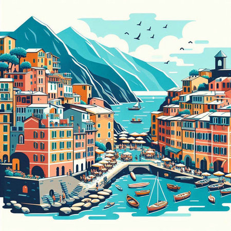 Liguria, Italy. Colorful cityscape. Vector illustrationのイラスト素材