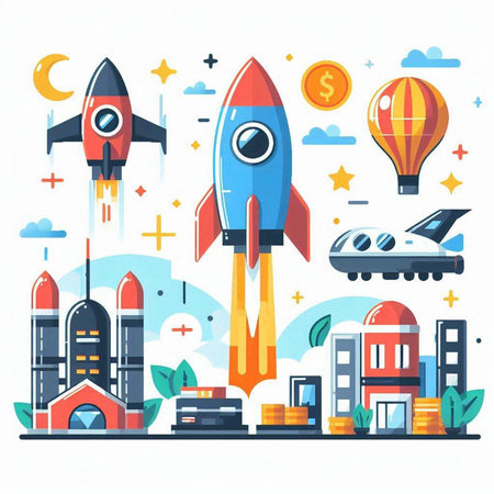 Startup concept. Vector illustration in flat cartoon style with rocket, spaceship, money, buildings and other elements.のイラスト素材