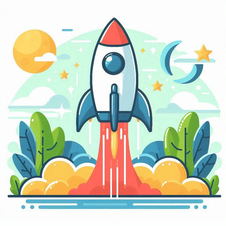 Rocket launch vector illustration. Flat cartoon style design. Startup rocket icon.のイラスト素材