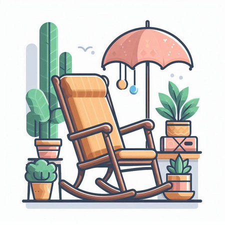 Vector illustration of rocking chair with umbrella and potted houseplants.のイラスト素材
