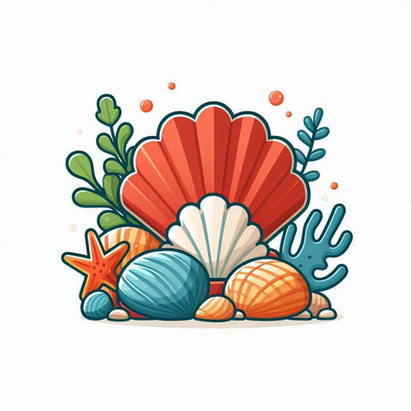 Cute cartoon seashells and starfish. Vector illustration.のイラスト素材