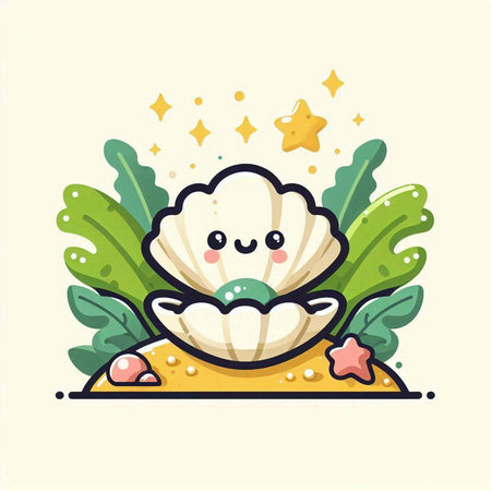 Cute Sea Shell Cartoon Mascot Character. Vector Illustrationのイラスト素材