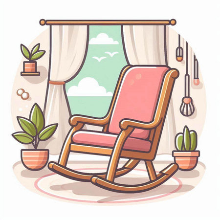 Vector illustration of rocking chair in the living room with curtains and plants.のイラスト素材