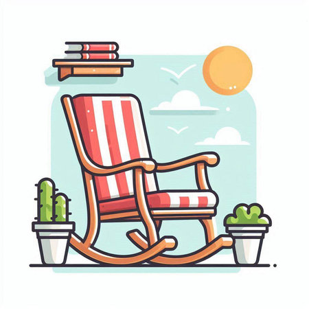 Vector illustration of rocking chair and books on the background of the sunのイラスト素材