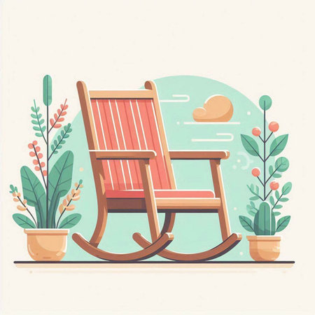 Wooden rocking chair in the garden. Vector illustration in flat styleのイラスト素材
