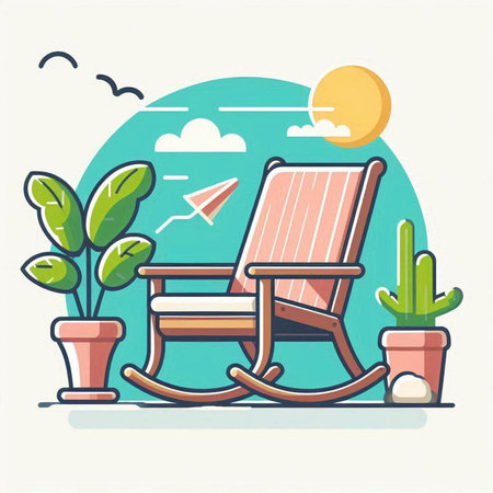 Wooden deck chair on the beach. Vector illustration in flat styleのイラスト素材