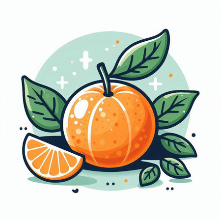 Orange fruit with leaves and slices. Vector illustration in flat style.のイラスト素材