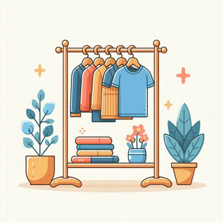 Clothes hanging on the rack. Vector illustration in flat style.のイラスト素材