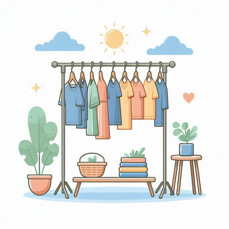 Clothes hanging on the hanger in the room, vector illustrationのイラスト素材