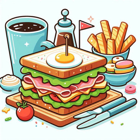 Vector illustration of a sandwich with ham, cheese, tomato and fried eggのイラスト素材
