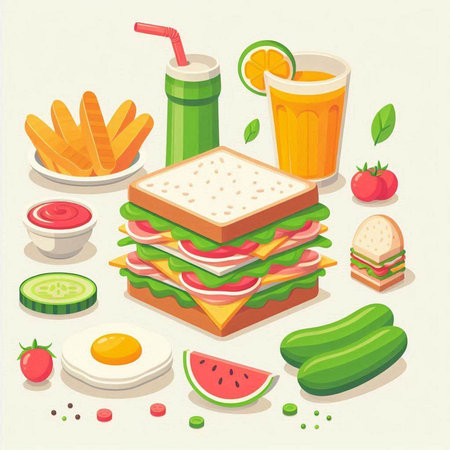Sandwiches and fast food. Vector illustration in flat style.のイラスト素材