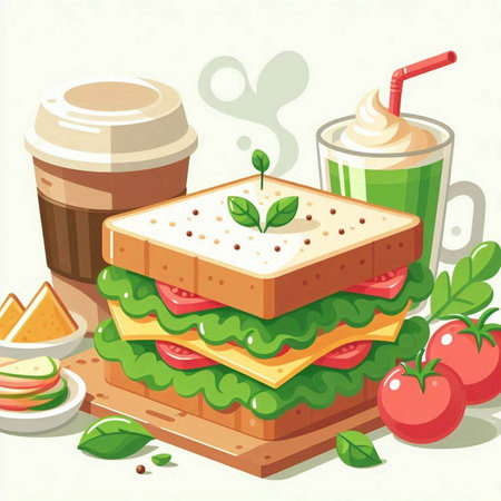 Vector illustration of a sandwich with lettuce, tomato, cheese, cucumber and green teaのイラスト素材