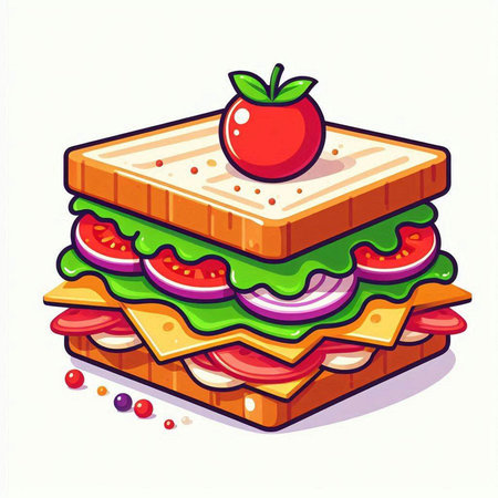 Sandwich with tomato, cucumber, onion, lettuce, cheese and tomato. Vector illustration.のイラスト素材