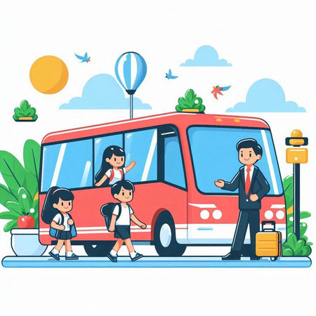 Family traveling by bus. Vector illustration in flat cartoon style. Isolated on white backgroundのイラスト素材