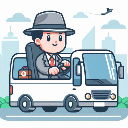 Illustration of a Businessman Driving a Bus on a City Streetのイラスト素材