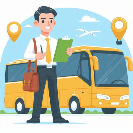 Businessman standing on the background of bus and map. Vector illustration.のイラスト素材