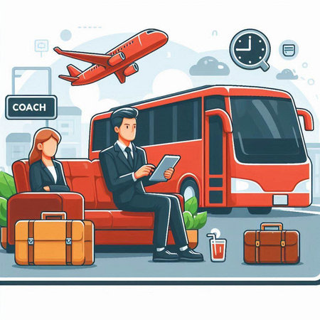 Vector illustration of a businessman sitting on a sofa in front of a bus and waiting for his flightのイラスト素材