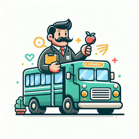 Cartoon bus driver with apple and checklist in his hand. Vector illustration.のイラスト素材