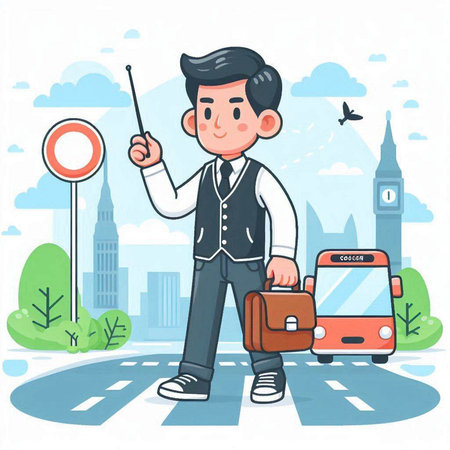 Vector illustration of a young man with a suitcase and a pointer in his hand.のイラスト素材