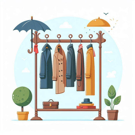 Clothes hang on a coat rack. Vector illustration in cartoon style.のイラスト素材