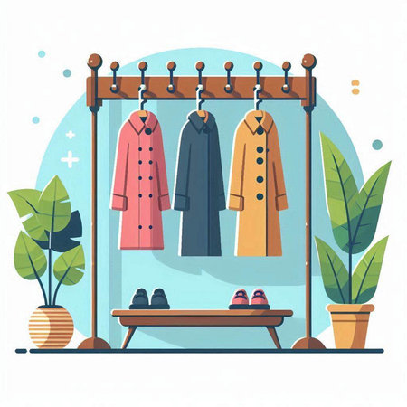 Clothing store concept. Vector flat cartoon illustration with coat, coat, shoes and plantsのイラスト素材