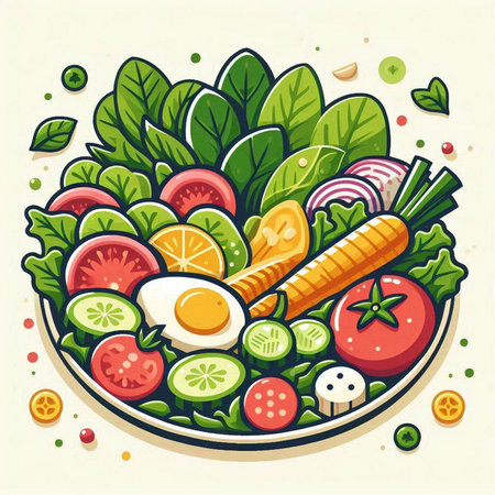 Healthy food vector illustration. Vegetable salad with tomato, cucumber, onion, carrot, lettuce, egg, parsley, pepper, olive oil.のイラスト素材