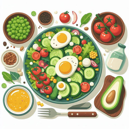 Healthy food. Salad with avocado, tomato, cucumber, onion, pepper, olives, peas. Vector illustrationのイラスト素材