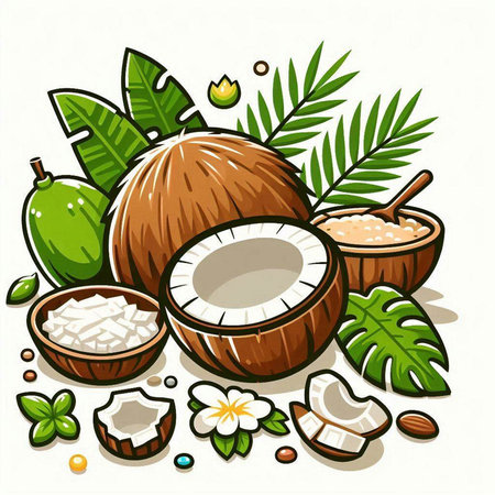 Coconut and coconut milk on white background. Vector illustration.のイラスト素材