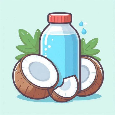 Coconut milk in a glass bottle and whole coconut. Vector illustration.のイラスト素材
